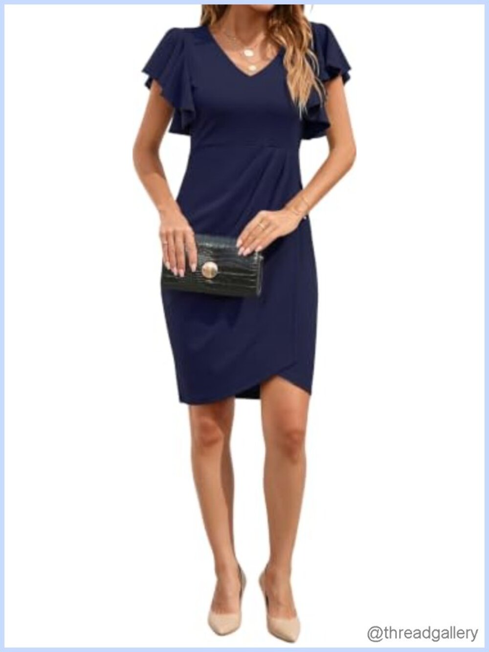 V Neck Ruffle Sleeve Bodycon Ruched Wrap Sheath Cocktail Dress